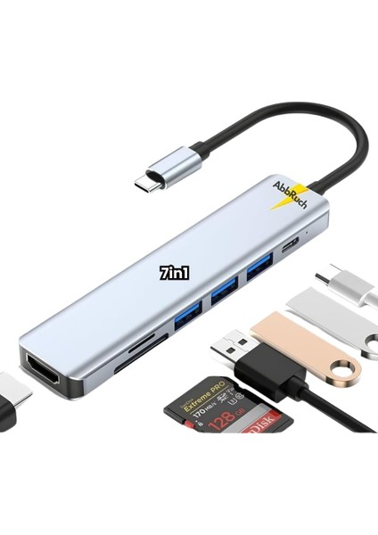 Macbook Pro Air Uyumlu 7in1 Type-C 7 Port Çevirici Hub HDMI Sd Kart USB 3.0 Pd Type-C Dönüştürücü