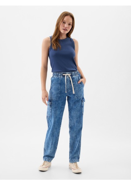 Kadın Mavi Mid Rise Easy Kargo Jean Pantolon fırsatları