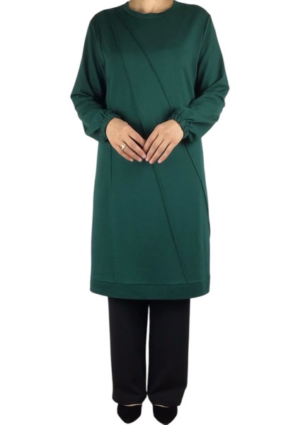 Kadın Önü Dikişli Kolları Lastikli Etek Ucu Bantlı Kristal Iki Iplik Mevsimlik Tunik