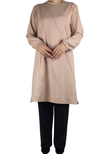 Kadın Önü Dikişli Kolları Lastikli Etek Ucu Bantlı Kristal Iki Iplik Mevsimlik Tunik