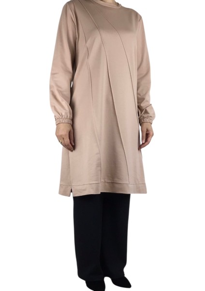 Kadın Önü Dikişli Kolları Lastikli Etek Ucu Bantlı Kristal Iki Iplik Mevsimlik Tunik modelleri