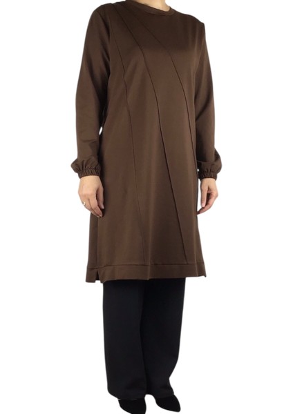 Kadın Önü Dikişli Kolları Lastikli Etek Ucu Bantlı Kristal Iki Iplik Mevsimlik Tunik