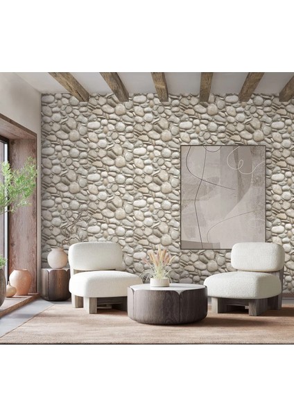 Modern Çakıl Taşı Desenli Duvar Kağıdı 16,5 M², Silinebilir - Roka 23113-1