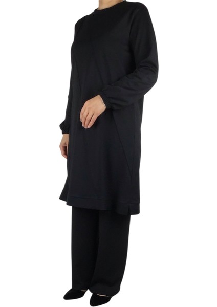 Kadın Önü Dikişli Kolları Lastikli Etek Ucu Bantlı Kristal Iki Iplik Mevsimlik Tunik