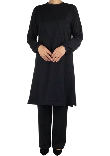 Kadın Önü Dikişli Kolları Lastikli Etek Ucu Bantlı Kristal Iki Iplik Mevsimlik Tunik modelleri