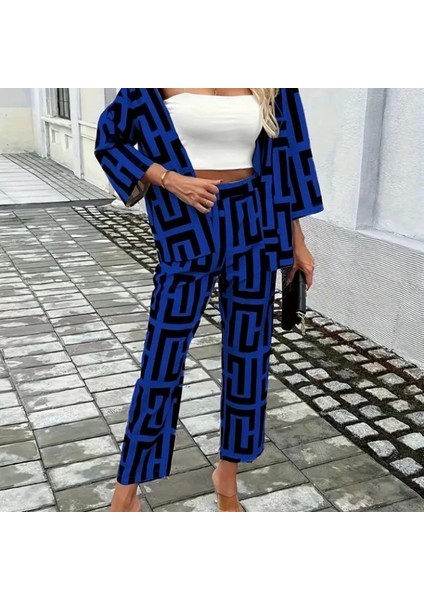 Mdb Kadın Uzun Kollu Önü Açık Desenli Iki Iplik Ceket ve Pantolon Ikili Takım