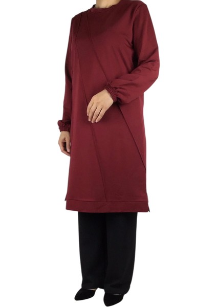 Kadın Önü Dikişli Kolları Lastikli Etek Ucu Bantlı Kristal Iki Iplik Mevsimlik Tunik