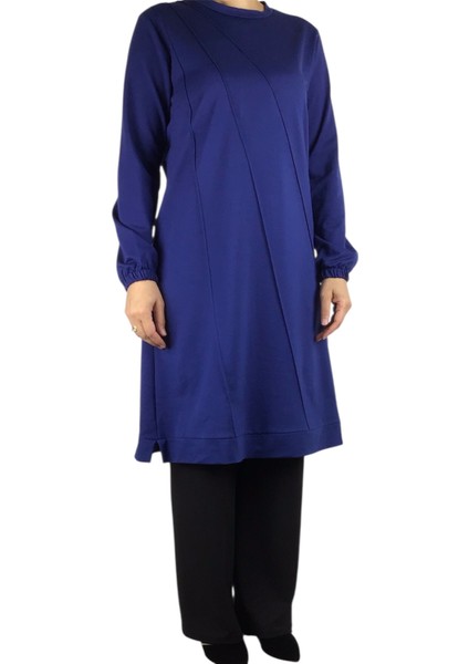 Kadın Önü Dikişli Kolları Lastikli Etek Ucu Bantlı Kristal Iki Iplik Mevsimlik Tunik