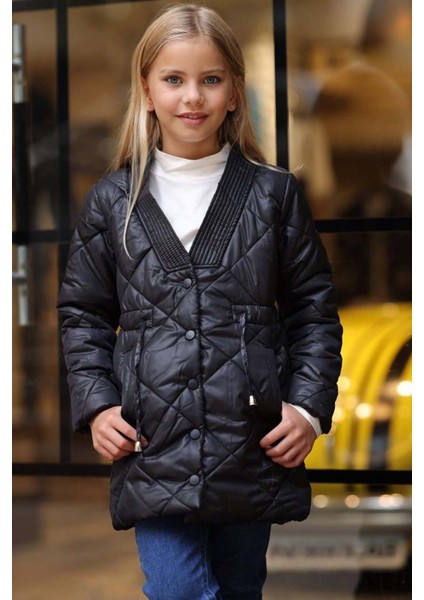 Kız Çocuk Yakası Şerit ve Üzeri Kare Dikiş Detaylı Cepli Çıtçıt Düğme Şişme Siyah Mont fiyatları