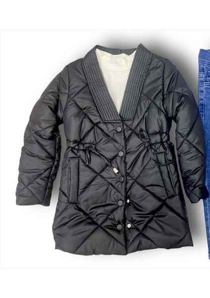 Kız Çocuk Yakası Şerit ve Üzeri Kare Dikiş Detaylı Cepli Çıtçıt Düğme Şişme Siyah Mont modelleri