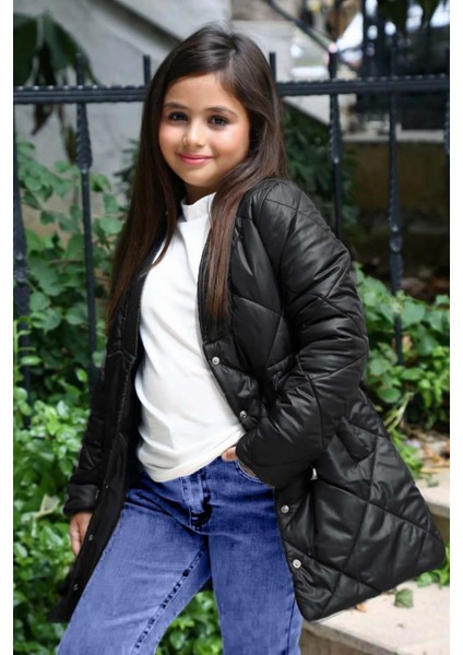 Kız Çocuk Yakası Şerit ve Üzeri Kare Dikiş Detaylı Cepli Çıtçıt Düğme Şişme Siyah Mont fırsatları