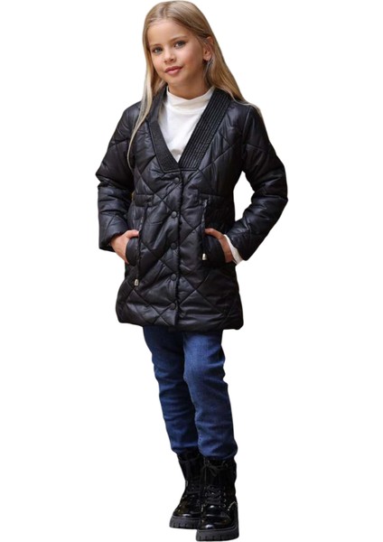 Kız Çocuk Yakası Şerit ve Üzeri Kare Dikiş Detaylı Cepli Çıtçıt Düğme Şişme Siyah Mont indirimleri