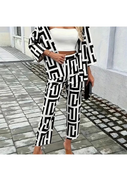 Mdb Kadın Uzun Kollu Önü Açık Desenli Iki Iplik Ceket ve Pantolon Ikili Takım