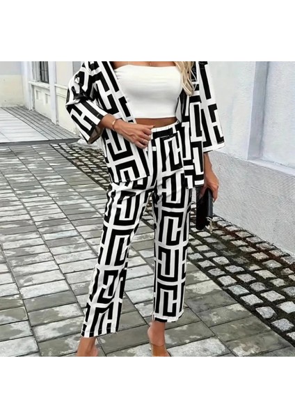 Mdb Kadın Uzun Kollu Önü Açık Desenli Iki Iplik Ceket ve Pantolon Ikili Takım modelleri