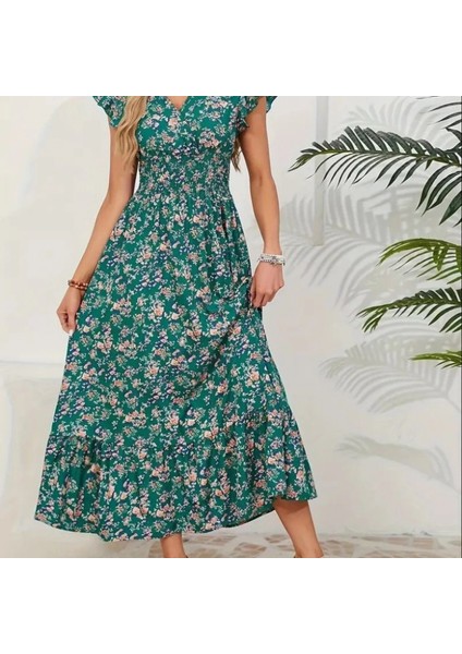 Mdb Kadın Kısa Kollu Kruvaze Yaka Beli Lastikli Çiçek Desenli Elbise fiyatları