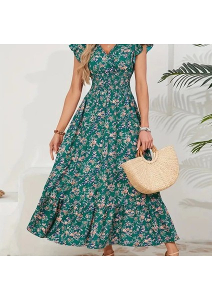 Mdb Kadın Kısa Kollu Kruvaze Yaka Beli Lastikli Çiçek Desenli Elbise modelleri