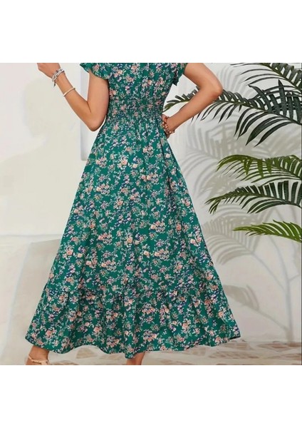 Mdb Kadın Kısa Kollu Kruvaze Yaka Beli Lastikli Çiçek Desenli Elbise fırsatları