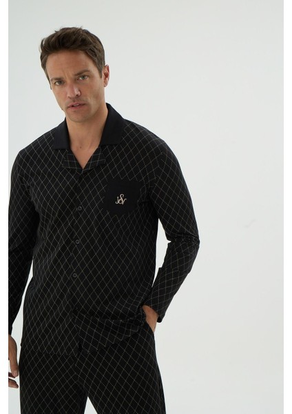 Erkek Uzun Kol Önden Düğmeli Desenli Siyah Pijama Takımı C2T4N69