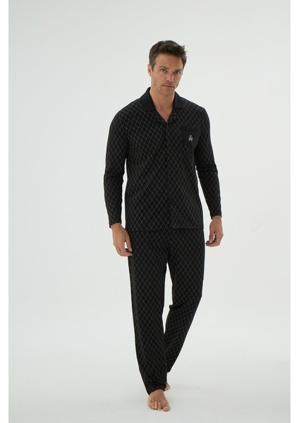 Erkek Uzun Kol Önden Düğmeli Desenli Siyah Pijama Takımı C2T4N69 fiyatları