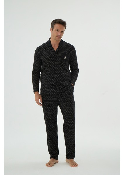 Erkek Uzun Kol Önden Düğmeli Desenli Siyah Pijama Takımı C2T4N69 modelleri