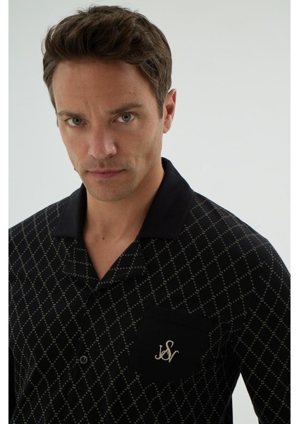 Erkek Uzun Kol Önden Düğmeli Desenli Siyah Pijama Takımı C2T4N69 fırsatları