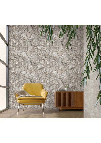 Modern Taş Desenli Duvar Kağıdı -Silinebilir Açık Krem, 16,5 M², Silinebilir - Roka 23114-1