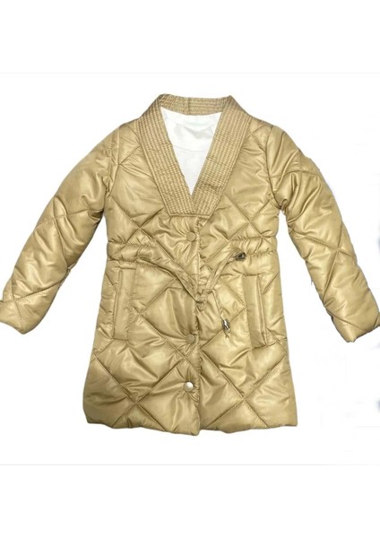 Kız Çocuk Yakası Şerit ve Üzeri Kare Dikiş Detaylı Cepli Çıtçıt Düğme Şişme Krem Mont fırsatları