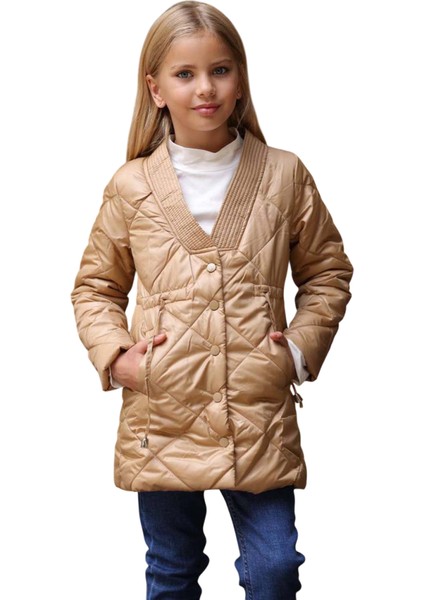 Kız Çocuk Yakası Şerit ve Üzeri Kare Dikiş Detaylı Cepli Çıtçıt Düğme Şişme Krem Mont indirimleri