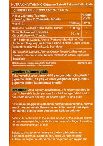 Vitamin C 500 Mg 30 Çiğneme Tablet Takviye Edici Gıda fırsatları