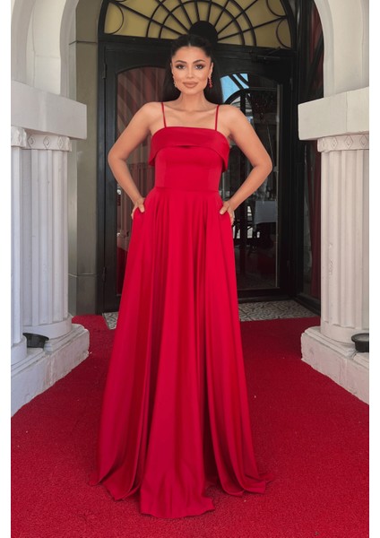 Saten Kumaş Askılı Abiye Elbise - Kırmızı