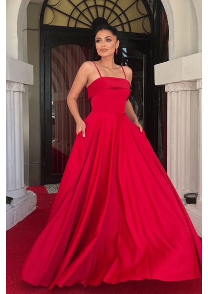 Saten Kumaş Askılı Abiye Elbise - Kırmızı fiyatları