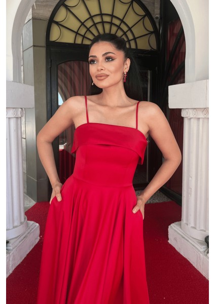 Saten Kumaş Askılı Abiye Elbise - Kırmızı modelleri
