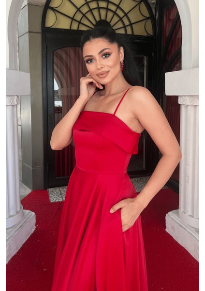 Saten Kumaş Askılı Abiye Elbise - Kırmızı fırsatları