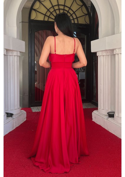 Saten Kumaş Askılı Abiye Elbise - Kırmızı indirimleri