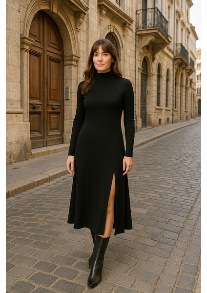 Kadın Uzun Kollu Balıkçı Yaka Derin Yırtmaç Detay Krep Elbise 120 cm S-M-Siyah