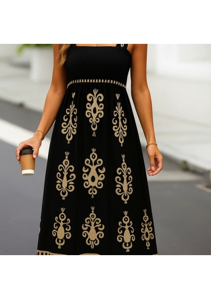 Mdb Kadın Askılı Kare Yaka Gipe Detaylı Desenli Suprem Elbise