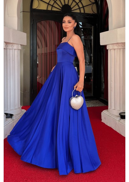 Saten Kumaş Askılı Abiye Elbise - Saks Mavi fiyatları