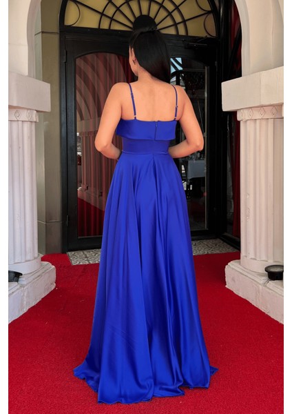 Saten Kumaş Askılı Abiye Elbise - Saks Mavi indirimleri