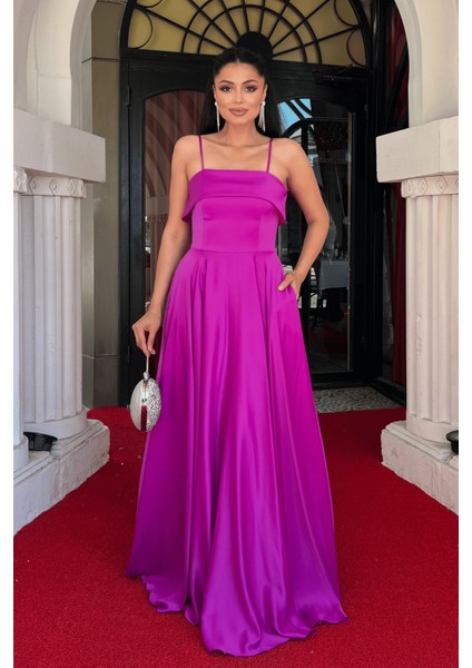 Saten Kumaş Askılı Abiye Elbise - Fuşya