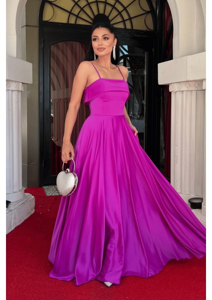 Saten Kumaş Askılı Abiye Elbise - Fuşya fiyatları