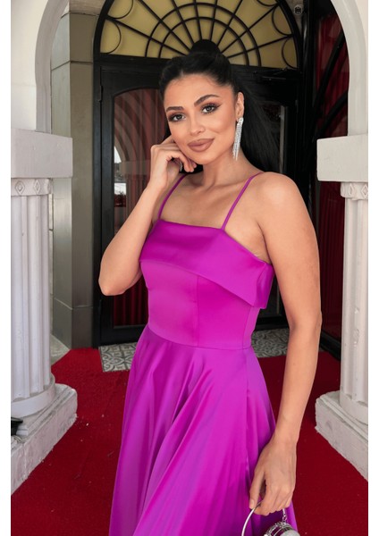 Saten Kumaş Askılı Abiye Elbise - Fuşya modelleri