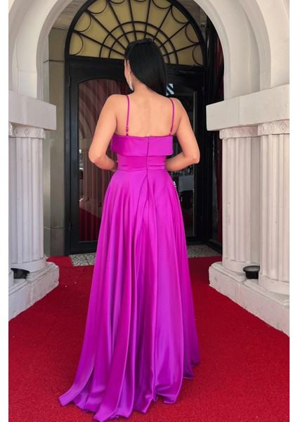 Saten Kumaş Askılı Abiye Elbise - Fuşya indirimleri