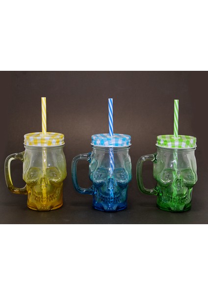 Renkli Tekli Cam Kurukafa Kupa Bardak ve Pipet Seti