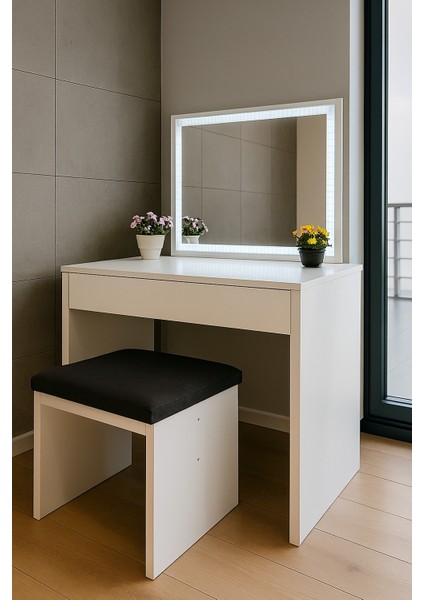 LED Işıklı Kare Aynalı Tabureli Makyaj Masası