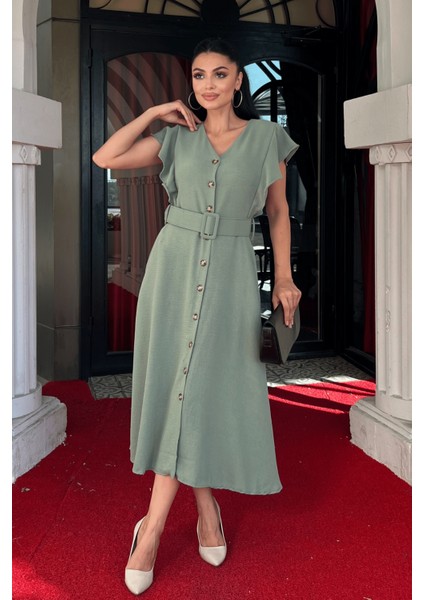 Ayrobin Kumaş Düğme Detaylı Elbise - Mint Yeşili