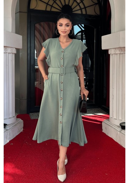 Ayrobin Kumaş Düğme Detaylı Elbise - Mint Yeşili fiyatları