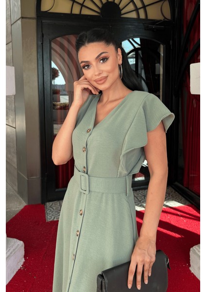 Ayrobin Kumaş Düğme Detaylı Elbise - Mint Yeşili fırsatları