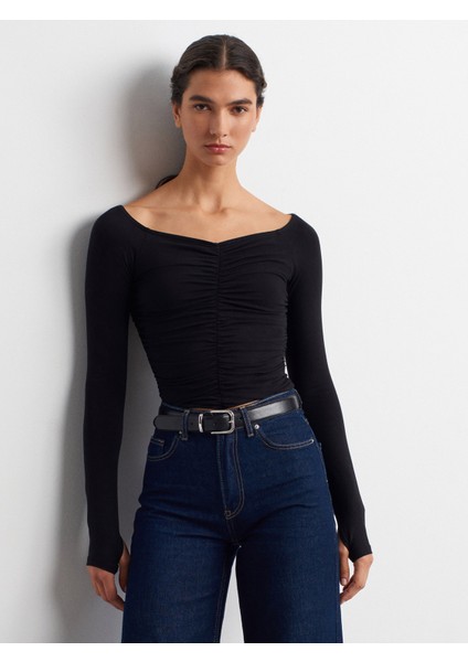 32089 Omuzları Açık Büzgülü Top-Siyah modelleri