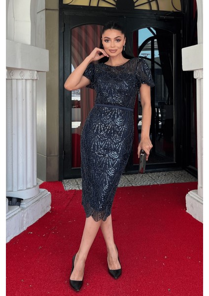 Full Boncuklu Kalem Elbise - Lacivert