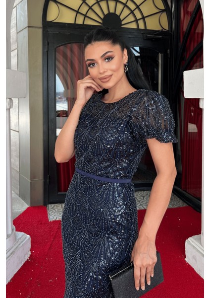 Full Boncuklu Kalem Elbise - Lacivert modelleri